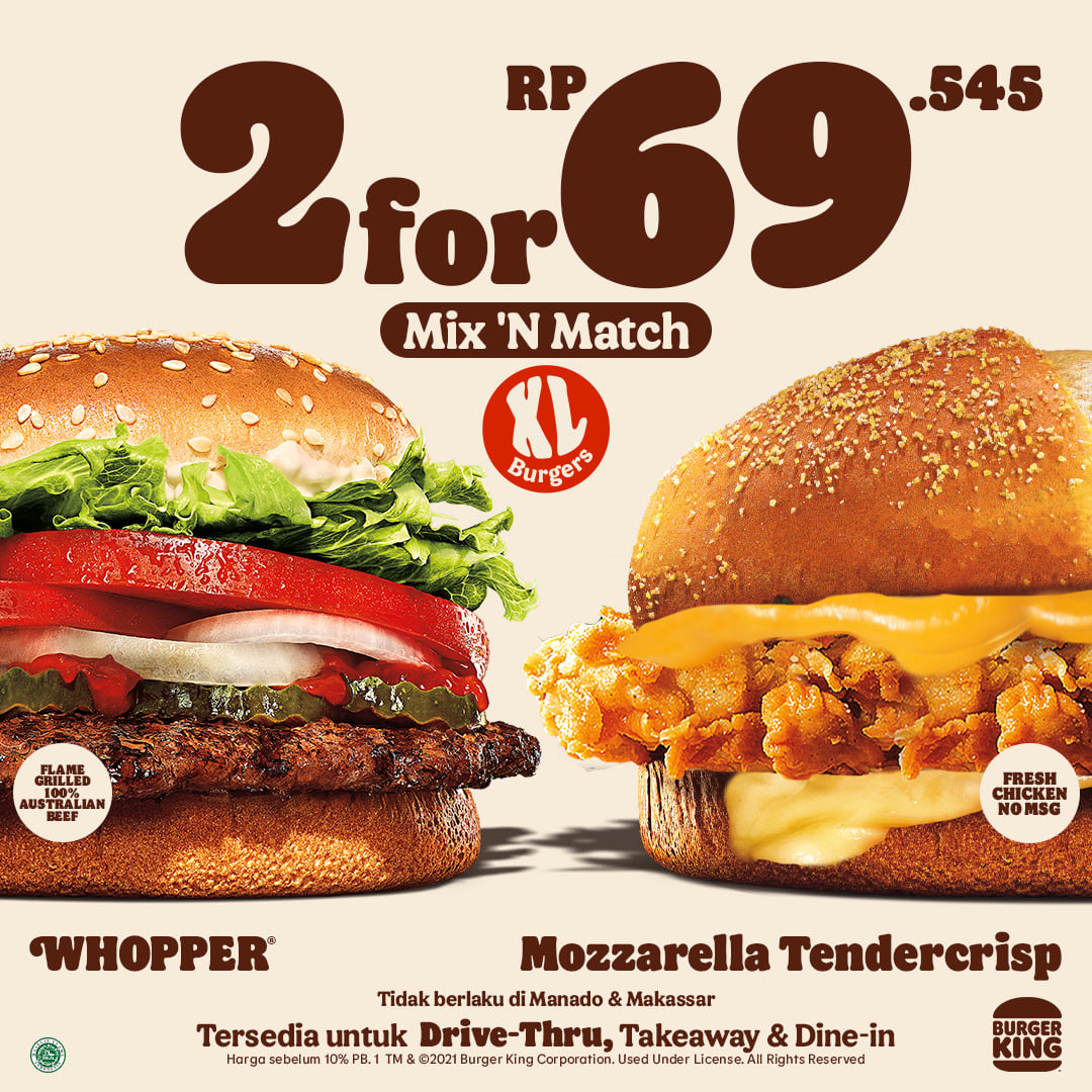 Promo Burger King Mix n Match 2 Burger Rp69.545