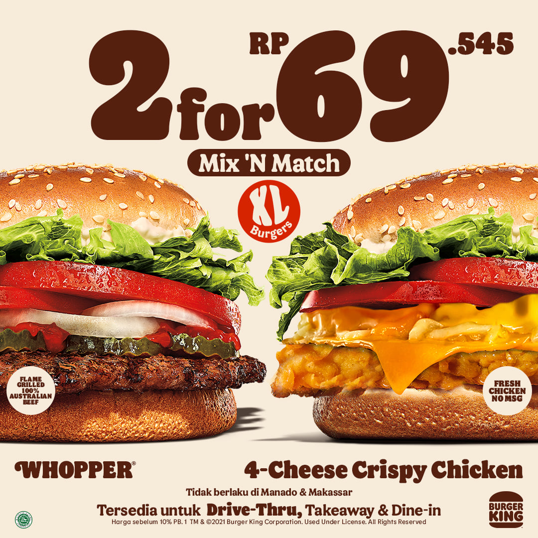 Promo Burger King Mix n Match 2 Burger Rp69.545